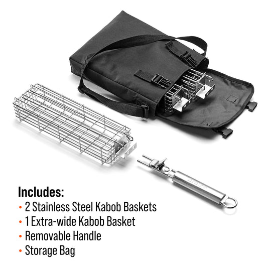 3-Piece Stainless Steel Kabob Grilling Basket Set - Two 12x2x2” & One 12x3.75x2” with Removable Handle & Storage Bag