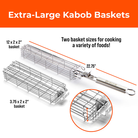 3-Piece Stainless Steel Kabob Grilling Basket Set - Two 12x2x2” & One 12x3.75x2” with Removable Handle & Storage Bag