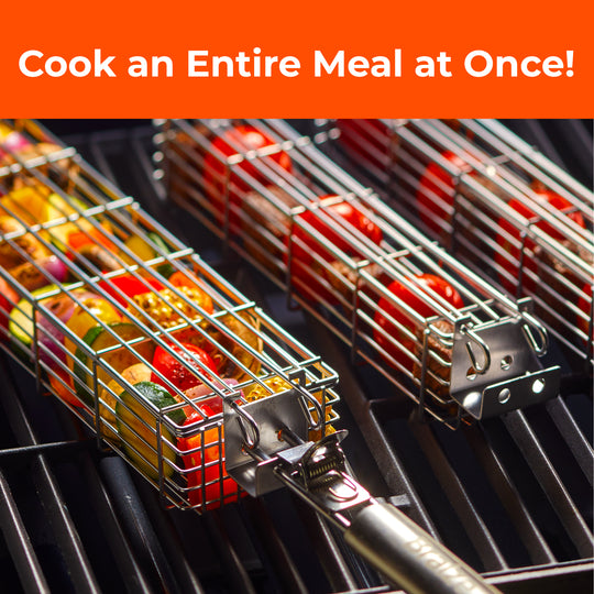 3-Piece Stainless Steel Kabob Grilling Basket Set - Two 12x2x2” & One 12x3.75x2” with Removable Handle & Storage Bag