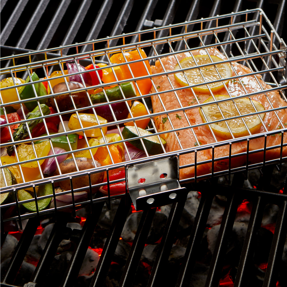 Adjustable Stainless Steel Grilling Basket - 16x7.25x2.25”, Removable Handle, 4-Level Lid, Perfect for Veggies & Meats