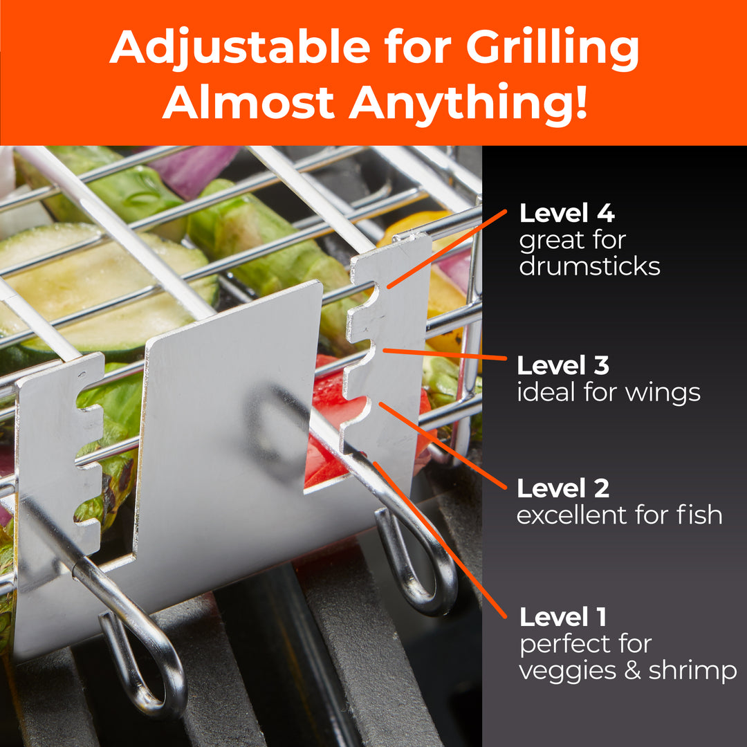 Adjustable Grill Basket w/ Removable Handle & Storage Bag - Silicone Basting Brush, and Steel-fiber Scrub Sponge Included