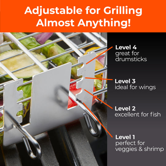 Adjustable Grill Basket w/ Removable Handle & Storage Bag - Silicone Basting Brush, and Steel-fiber Scrub Sponge Included