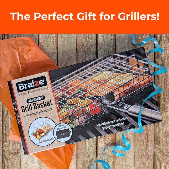 Adjustable Grill Basket w/ Removable Handle & Storage Bag - Silicone Basting Brush, and Steel-fiber Scrub Sponge Included