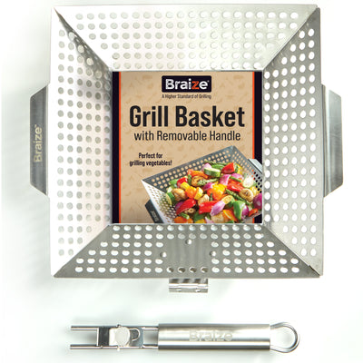 WS - Heavy-Duty Stainless Steel Grilling Basket w/ Removable Handle (Carton of 8) - Braize BBQ