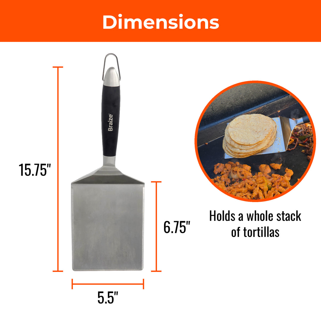 Dimensions of the wide griddle spatula: 15.75 inches long and 5.5 inch wide blade