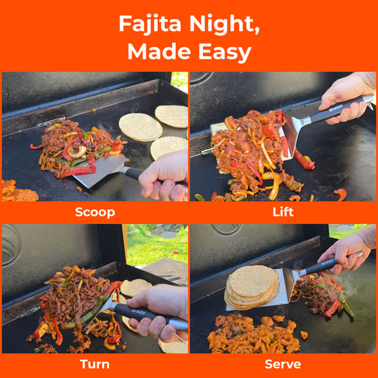 Wide spatula serving fajitas, shown scooping, lifting, turning and serving