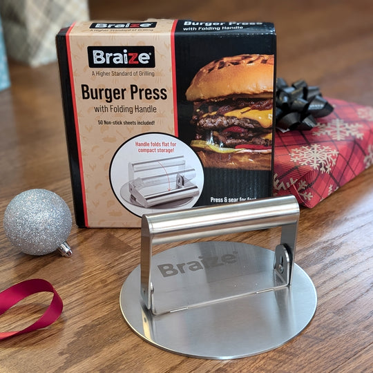 Smash Burger Press Kit Hamburger Press - Folding Handle Allows for Easy Storage - Hamburger Smasher Tool Includes 50 Non-Stick Paper Sheets