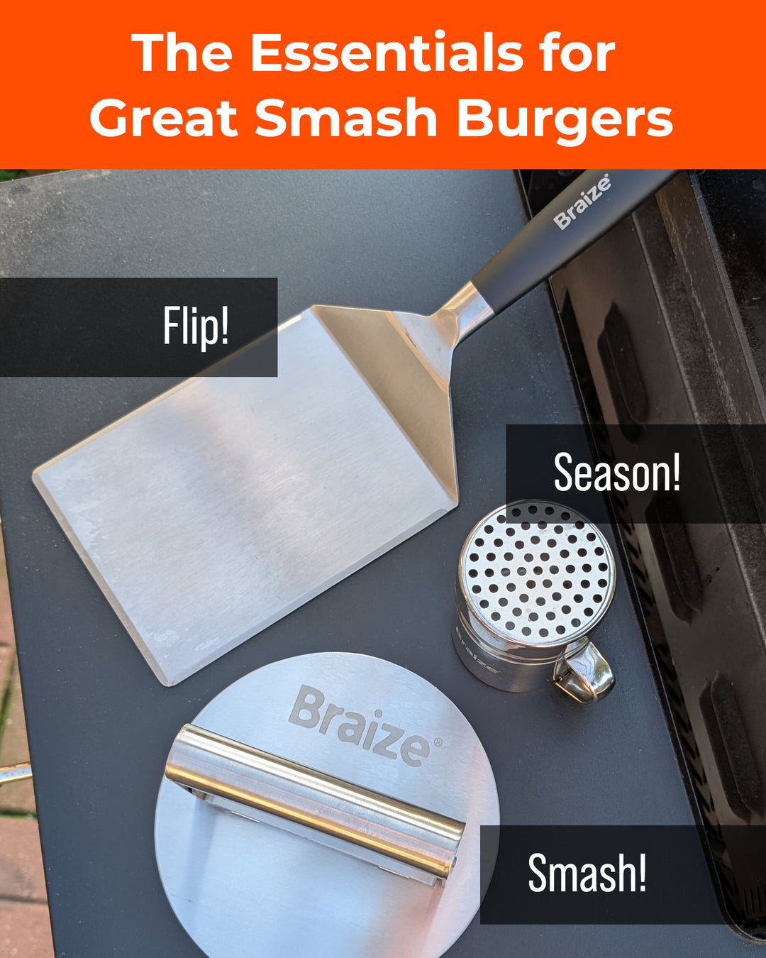 Smash Burger Press Kit with Seasoning Shaker – Stainless Steel Burger Press & Wide Spatula for Griddles, Flat Tops & BBQ