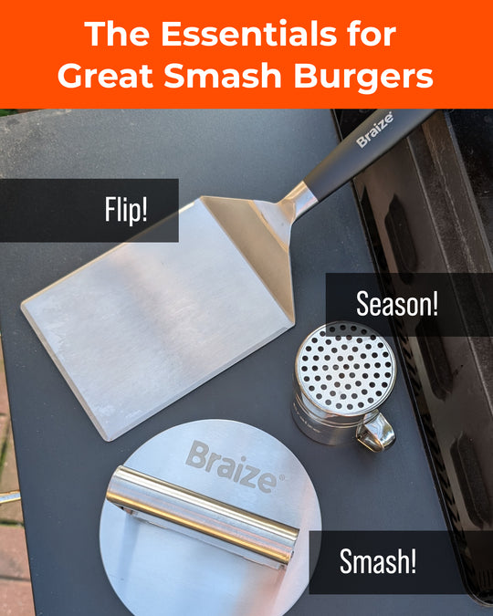 Smash Burger Press Kit with Seasoning Shaker – Stainless Steel Burger Press & Wide Spatula for Griddles, Flat Tops & BBQ