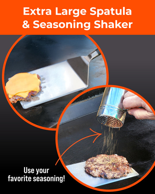 Smash Burger Press Kit with Seasoning Shaker – Stainless Steel Burger Press & Wide Spatula for Griddles, Flat Tops & BBQ