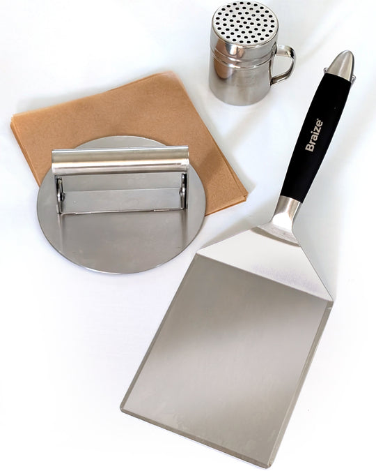 Smash Burger Press Kit with Seasoning Shaker – Stainless Steel Burger Press & Wide Spatula for Griddles, Flat Tops & BBQ