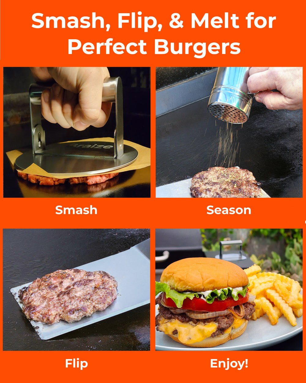 Smash Burger Press Kit with Seasoning Shaker – Stainless Steel Burger Press & Wide Spatula for Griddles, Flat Tops & BBQ