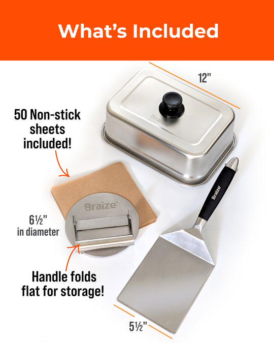 Smash Burger Press Kit with 9" Melting Dome – Stainless Steel Burger Press, Wide Spatula & Grill Dome for Flat Tops & Griddles