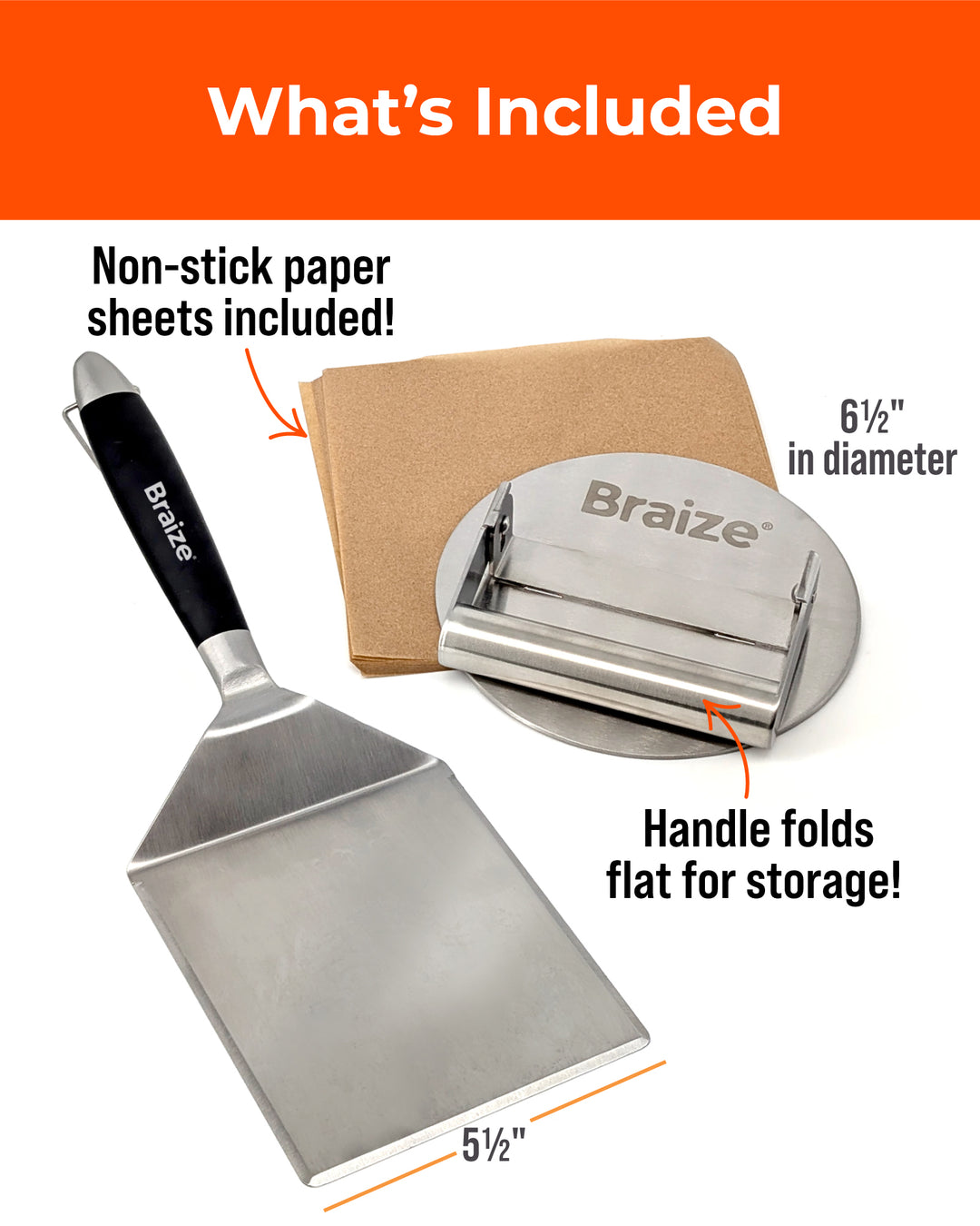 Smash Burger Press Kit – Stainless Steel Burger Press, Wide Spatula & Non-Stick Paper Sheets
