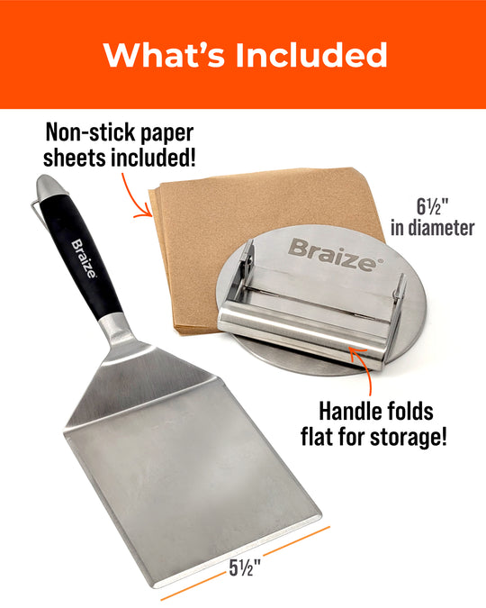 Smash Burger Press Kit – Stainless Steel Burger Press, Wide Spatula & Non-Stick Paper Sheets