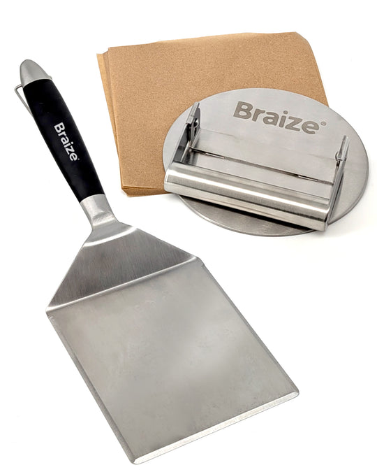 Smash Burger Press Kit – Stainless Steel Burger Press, Wide Spatula & Non-Stick Paper Sheets