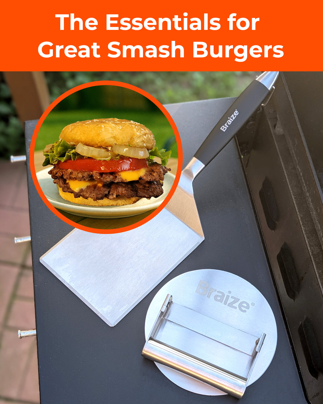 Smash Burger Press Kit – Stainless Steel Burger Press, Wide Spatula & Non-Stick Paper Sheets