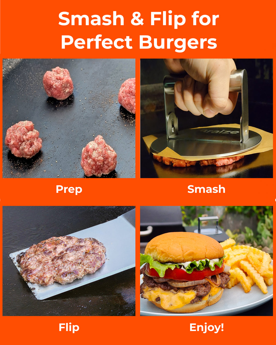 Smash Burger Press Kit – Stainless Steel Burger Press, Wide Spatula & Non-Stick Paper Sheets
