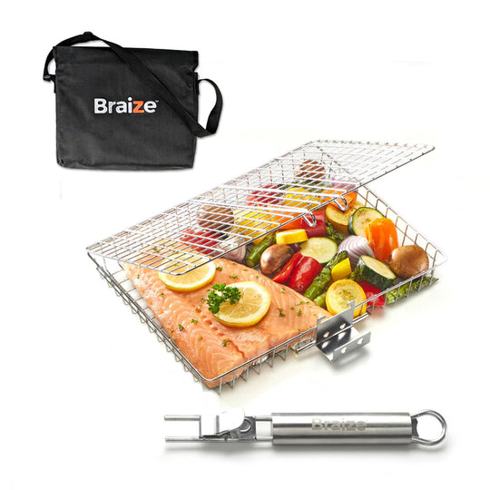 Stainless Steel Large Grill Basket with Easy Open/Close Lid and Removable Handle - 12.25 x 9.5 x 1.5 Inches - Includes Carry/Storage Bag