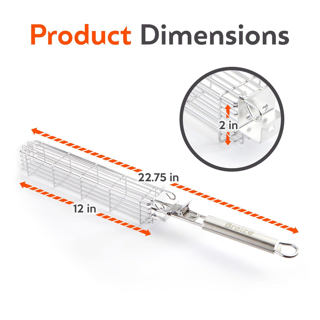 ORIGINAL Large Kabob Grilling Basket Set of 4 with Removable Handle. Stainless Steel construction with a Larger Capacity (12 x 2 x 2) and secure easy-latch lid. (With storage bag) by Braize