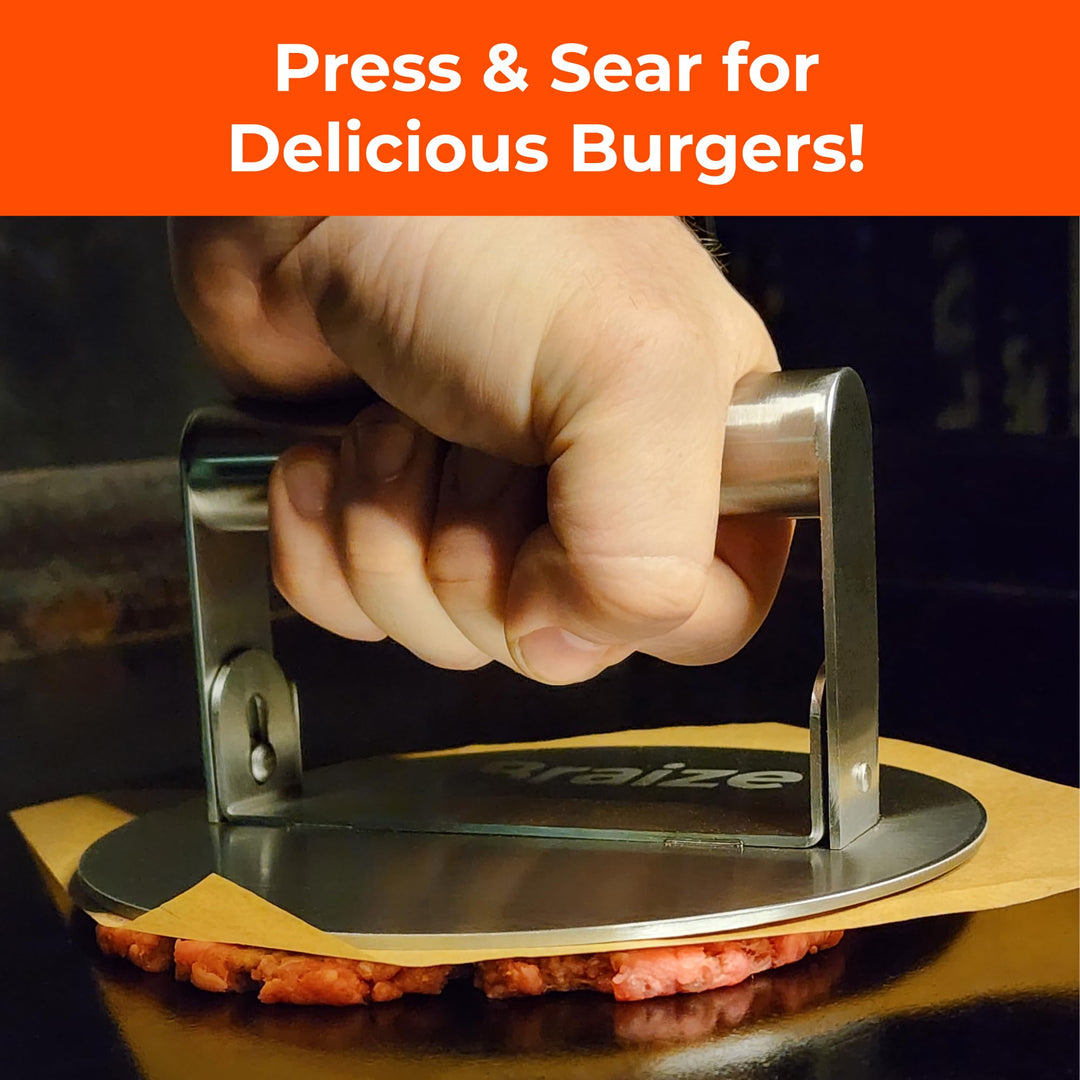 Smash Burger Press Kit Hamburger Press - Folding Handle Allows for Easy Storage - Hamburger Smasher Tool Includes 100 Non-Stick Paper Sheets