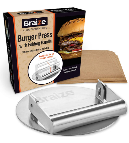 Smash Burger Press Kit Hamburger Press - Folding Handle Allows for Easy Storage - Hamburger Smasher Tool Includes 100 Non-Stick Paper Sheets