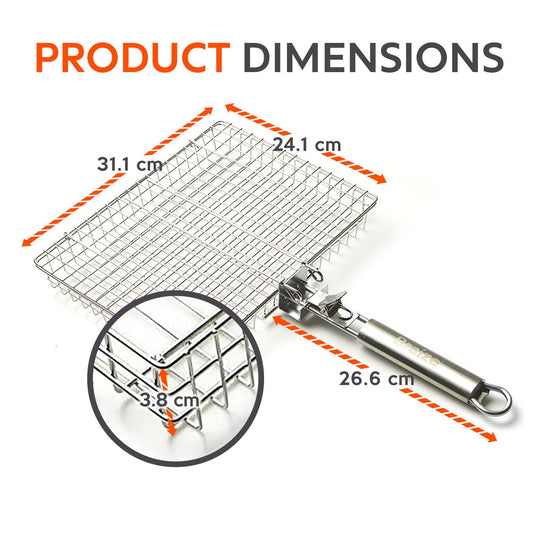 Stainless Steel Large Grill Basket with Easy Open/Close Lid and Removable Handle - 12.25 x 9.5 x 1.5 Inches - Includes Carry/Storage Bag