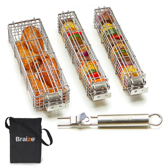 3-Piece Stainless Steel Kabob Grilling Basket Set - Two 12x2x2” & One 12x3.75x2” with Removable Handle & Storage Bag