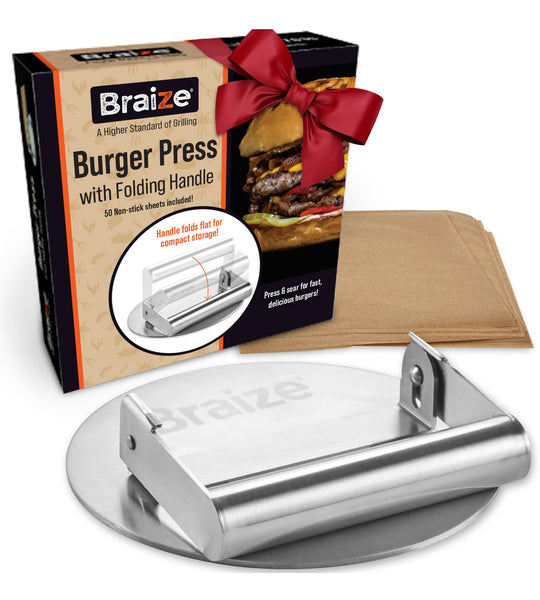 Smash Burger Press Kit Hamburger Press - Folding Handle Allows for Easy Storage - Hamburger Smasher Tool Includes 50 Non-Stick Paper Sheets