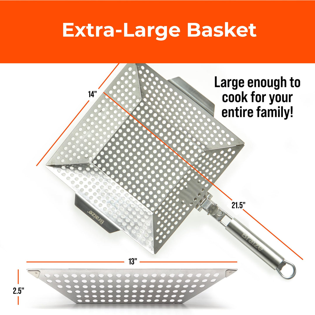 Heavy-Duty Stainless Steel Grilling Basket - 14x13x2.5” with Removable Handle, Perforated Bottom, and Side Handles for Easy Use