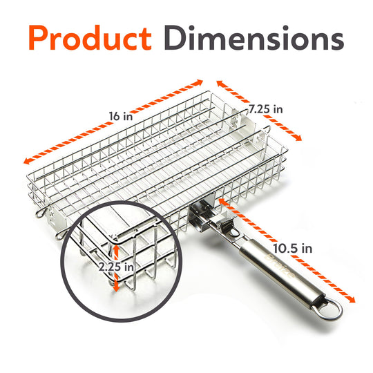 Adjustable Stainless Steel Grilling Basket - 16x7.25x2.25”, Removable Handle, 4-Level Lid, Perfect for Veggies & Meats