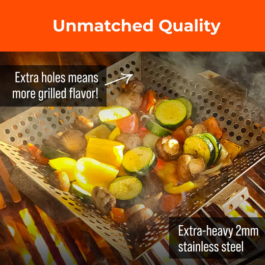 Heavy-Duty Stainless Steel Grilling Basket - 14x13x2.5” with Removable Handle, Perforated Bottom, and Side Handles for Easy Use