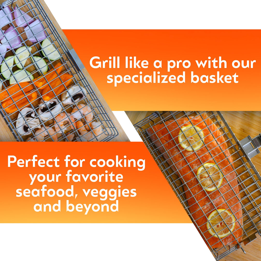 Adjustable Stainless Steel Grilling Basket - 16x7.25x2.25”, Removable Handle, 4-Level Lid, Perfect for Veggies & Meats