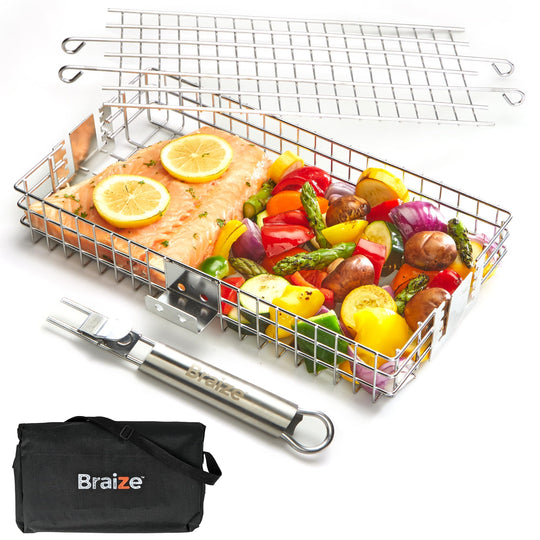 Adjustable Stainless Steel Grilling Basket - 16x7.25x2.25”, Removable Handle, 4-Level Lid, Perfect for Veggies & Meats