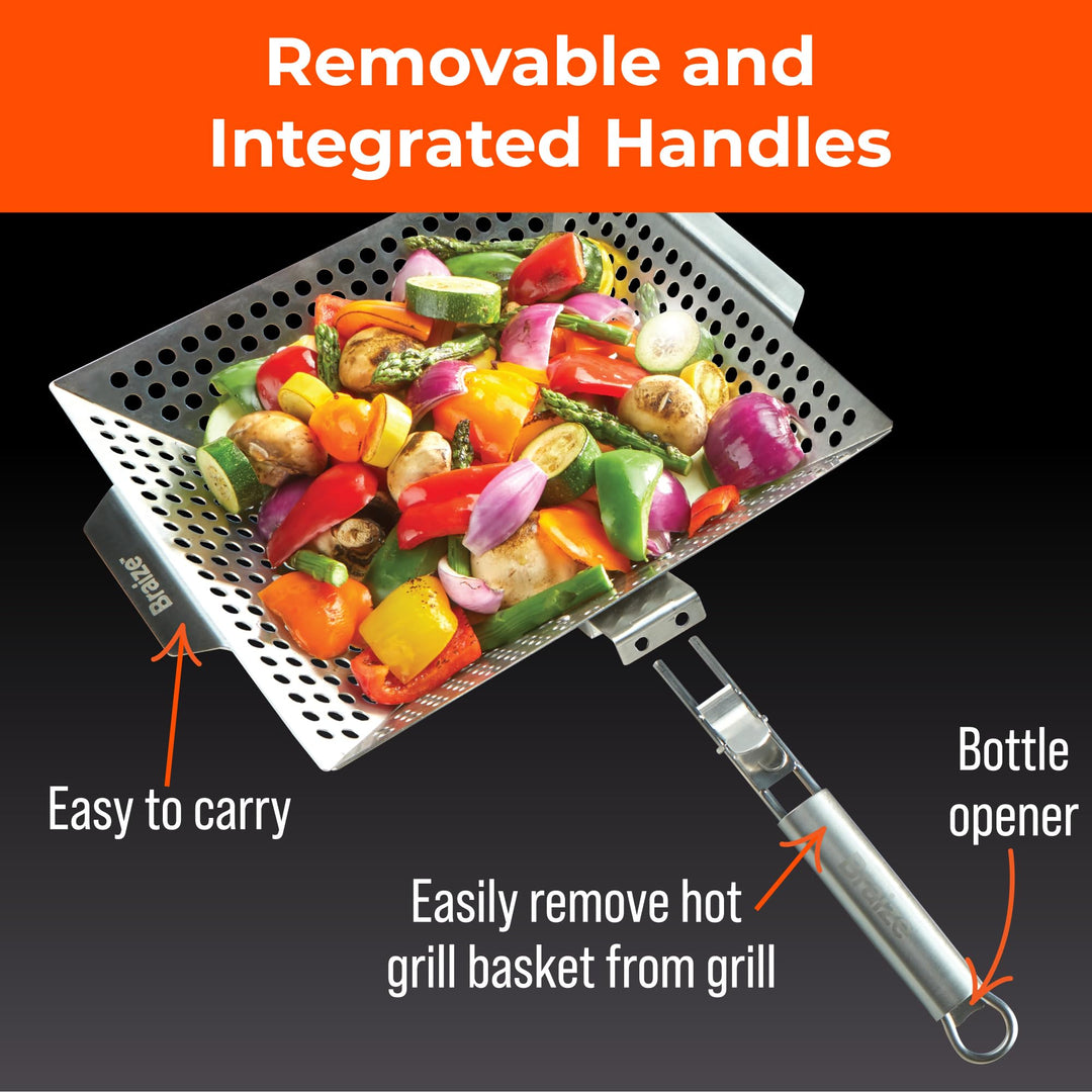 Heavy-Duty Stainless Steel Grilling Basket - 14x13x2.5” with Removable Handle, Perforated Bottom, and Side Handles for Easy Use