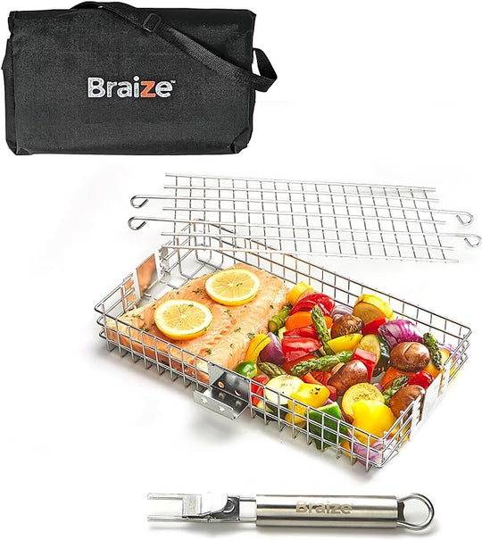 Stainless Steel Adjustable Grill Basket w/ Removable Handle - Comes With Storage Bag