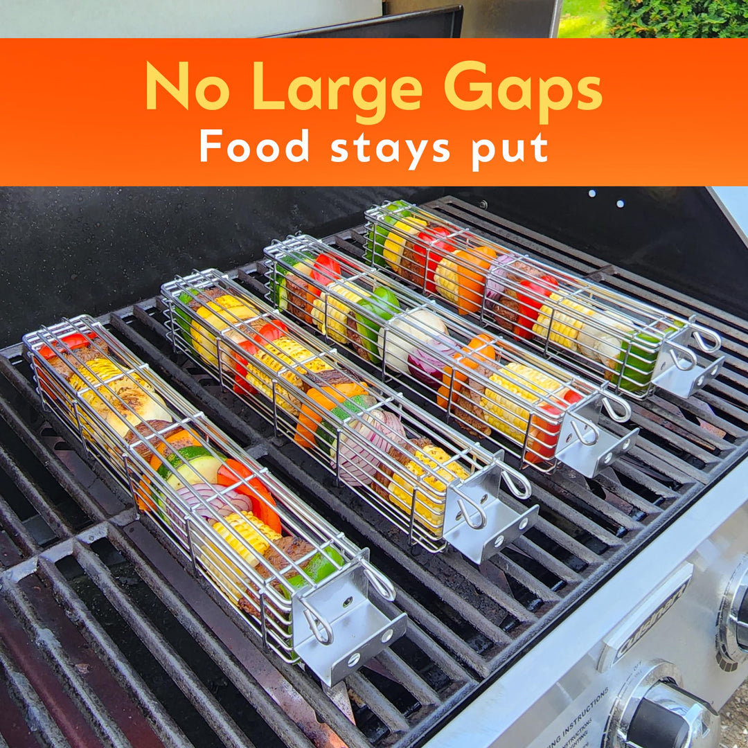 ORIGINAL Large Kabob Grilling Basket Set of 4 with Removable Handle. Stainless Steel construction with a Larger Capacity (12 x 2 x 2) and secure easy-latch lid. (With storage bag) by Braize